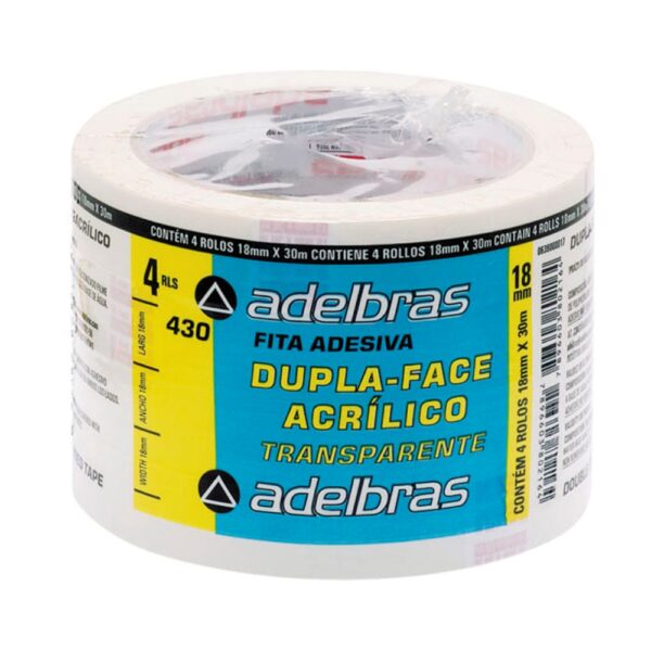 Cinta Adhesiva Doble Faz Transparente 430 Adelbras 18x30 Torre x4 rollos