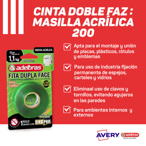 Cinta Adhesiva Doble Faz Acrílica 200 Adelbras 24x2 Blister - Imagen 3