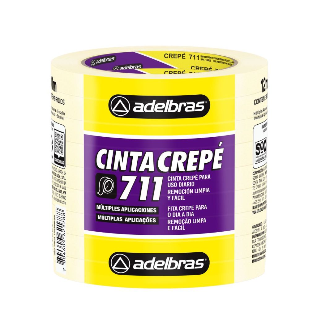 Cinta Adhesiva Crepe Blanca 711 Adelbras 12x40 Torre x 9 rollos