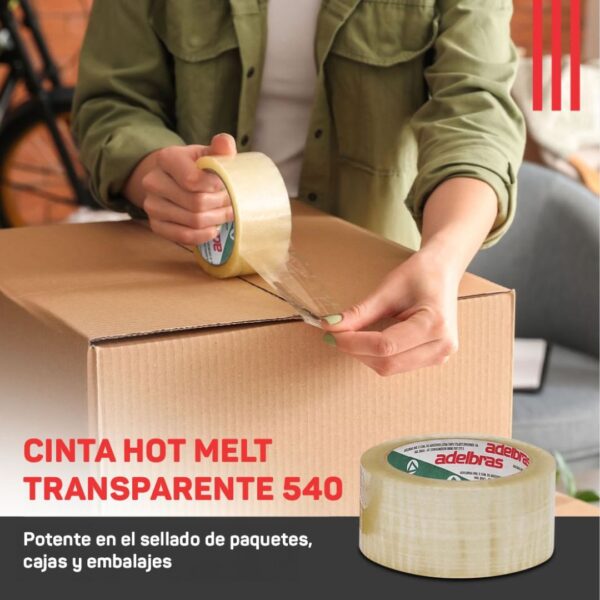Cinta Adhesiva Hot Melt Transparente 540 Adelbras 48x100 Torre x4 rollos - Imagen 3