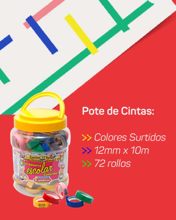 Cinta Adhesiva Multicolor 515 Adelbras 12x10 Pote x72 rollos - Imagen 2