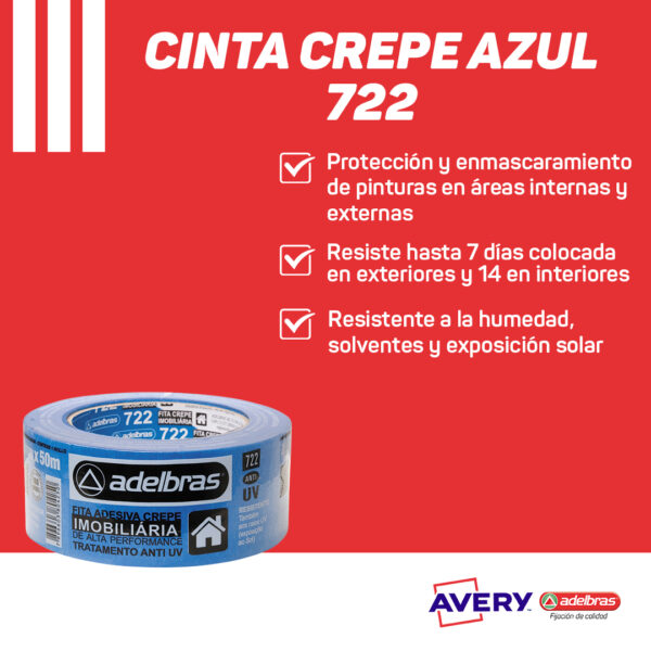 Cinta Adhesiva Crepe Azul 722 Adelbras 48x50 Sleeve - Imagen 2
