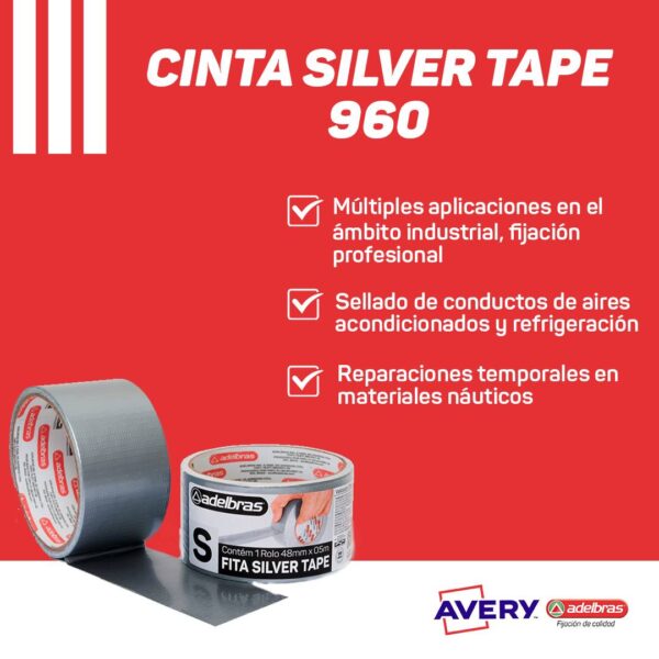 Cinta Adhesiva Reforzada Silver Plata 960 Adelbras 48x5 Sleeve - Imagen 2