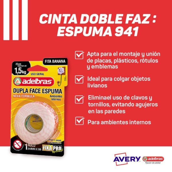 Cinta Adhesiva Doble Faz Espuma 941 Adelbras 19x2 Blister - Imagen 2