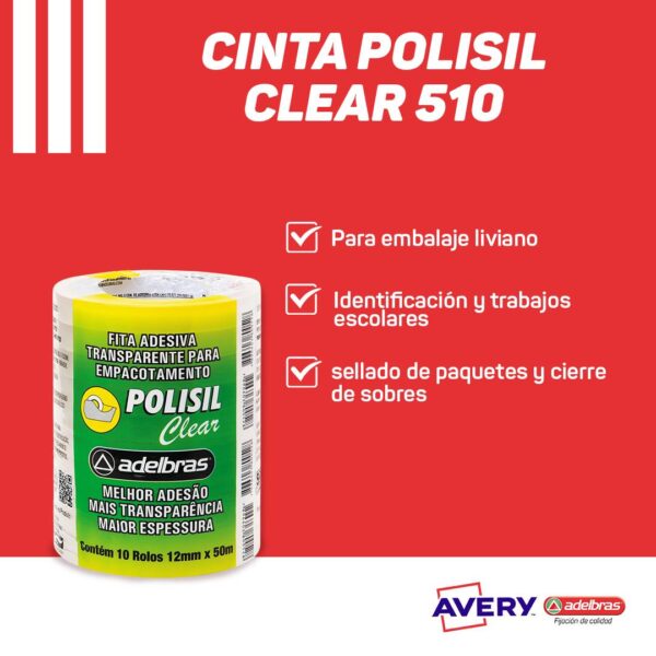 Cinta Adhesiva Polisil Transparente 510 Adelbras 12x50 Torre x10 rollos - Imagen 2