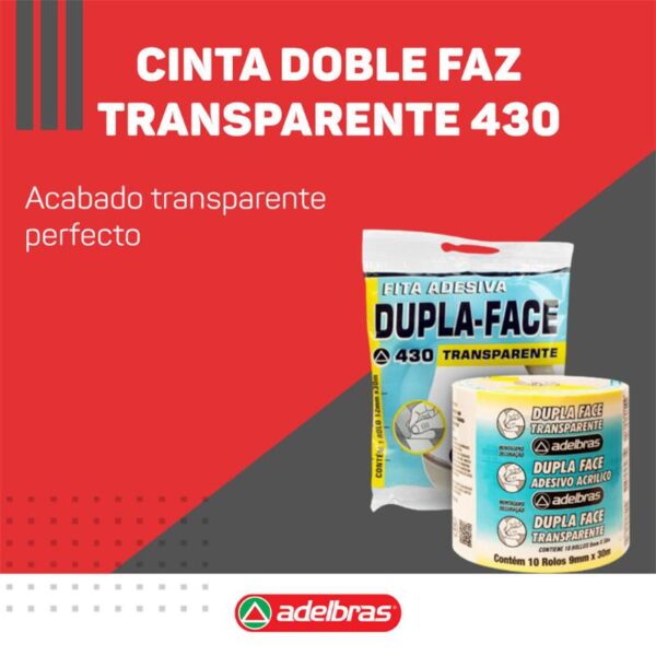 Cinta Adhesiva Doble Faz Transparente 430 Adelbras 12x30 Torre x6 rollos - Imagen 2